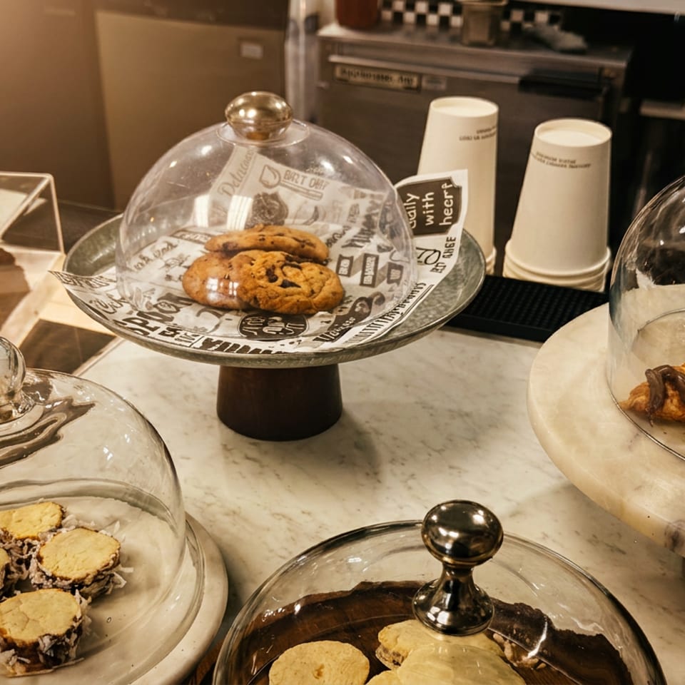 Bakery counter displaying cookies and chocolate-drizzled pastries beneath glass domes, with additional baked goods in trays.