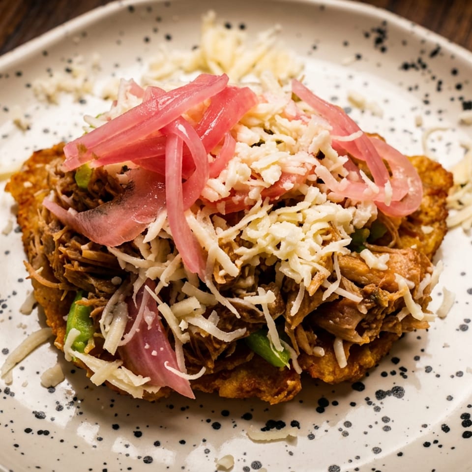 Crispy golden dish topped with shredded cheese, pulled meat, green peppers, and pickled pink onions on a speckled plate.