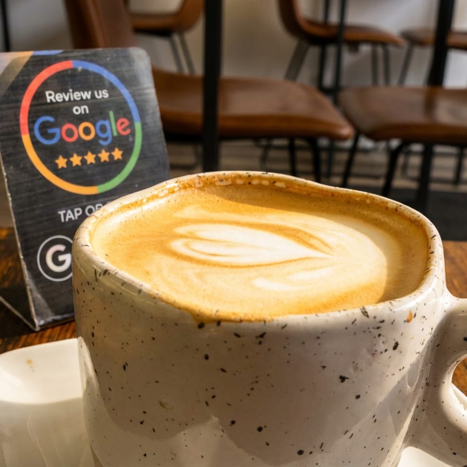 Latte with leaf-shaped foam art in a speckled ceramic mug on a wooden café table beside a Google review sign.