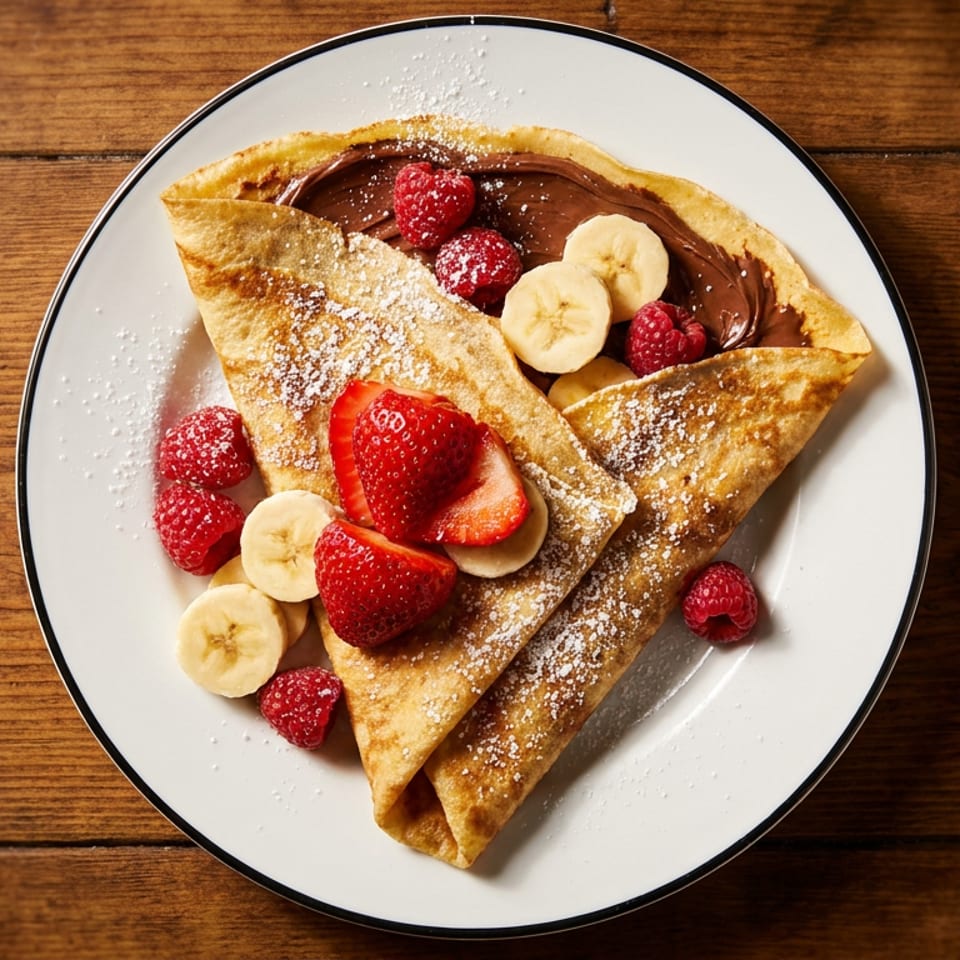 Folded crepes filled with chocolate spread, bananas, and strawberries, dusted with powdered sugar on a white plate.